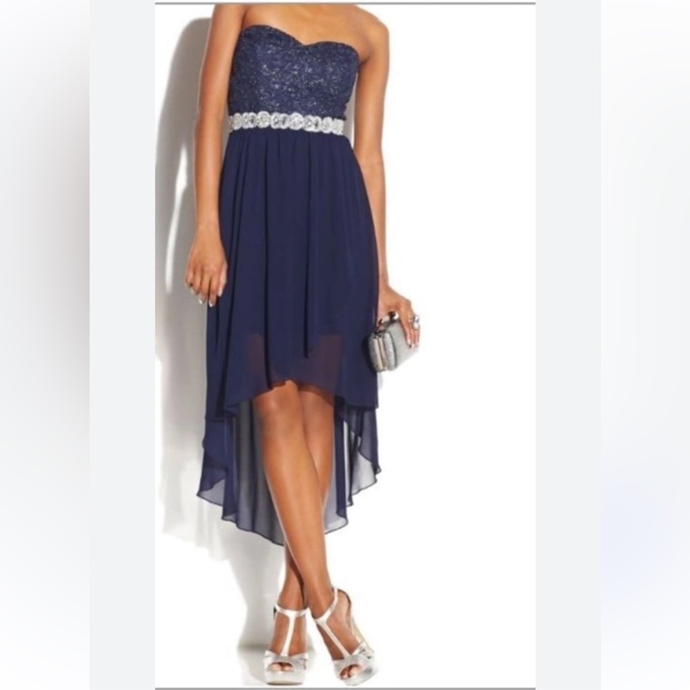 Navy Blue Sparkly Rhinestone Belted High Low Prom Formal Dress